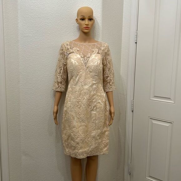Wedding Dress Champagne Beige Boat Neck 3/4 Sleeve Corset Tie Back Midi - Picture 1 of 14